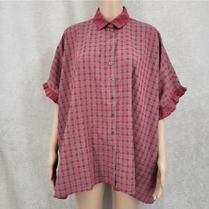 I Joah Red Taupe Plaid Button Down Poncho Oversized Cotton Women's Small